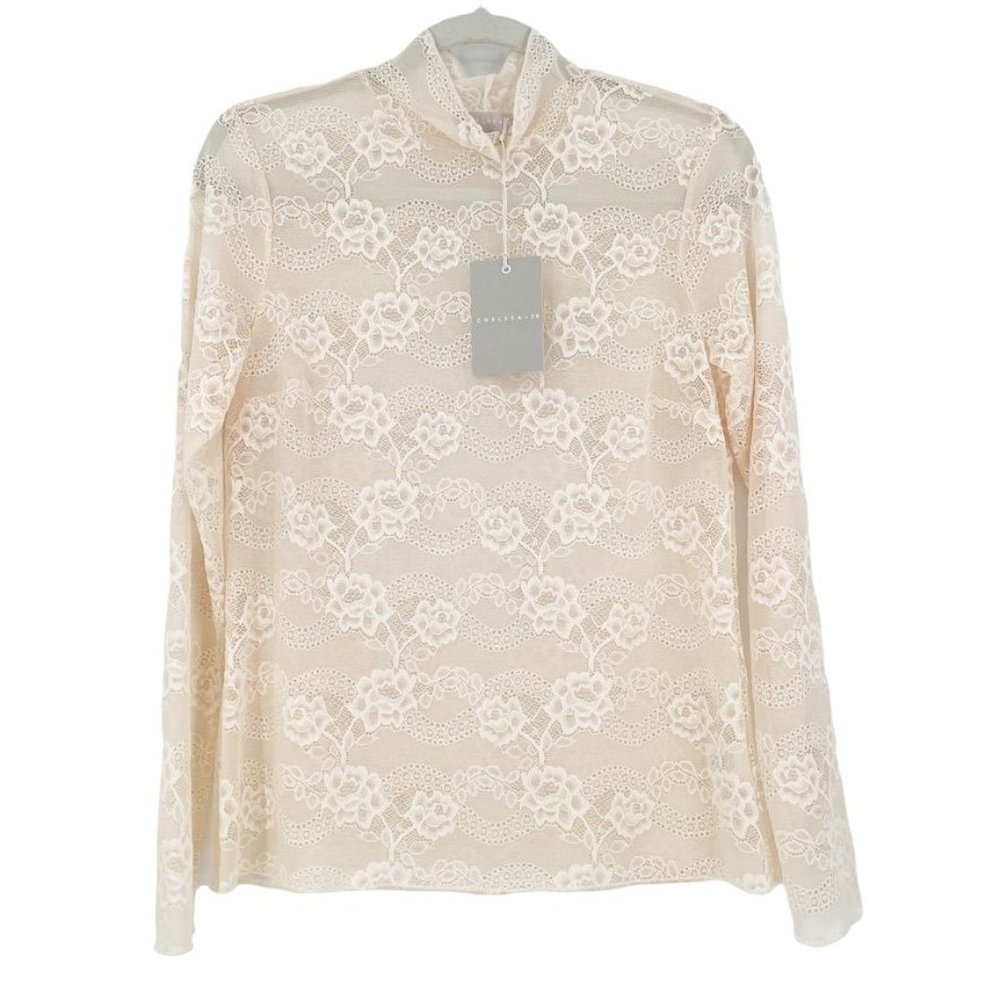 New Chelsea 28 Small Sheer Lace Mock Neck Top Long Sleeve Blush Pink Cottagecore
